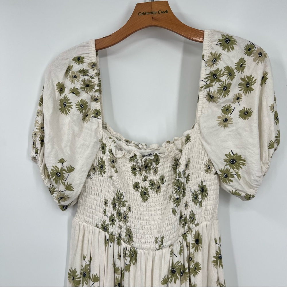 Abercrombie & Fitch x Dede & Emily smocked puff sleeve Linen midi dress - Picture 3 of 5